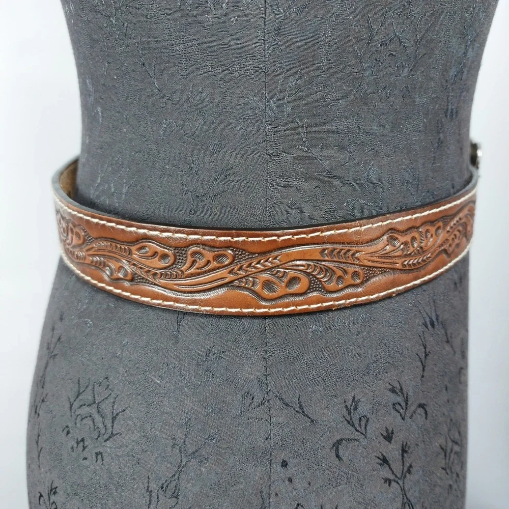 Western Tooled Leather Belt Youth L 28/30 Brown Square Silver Steer Buckle